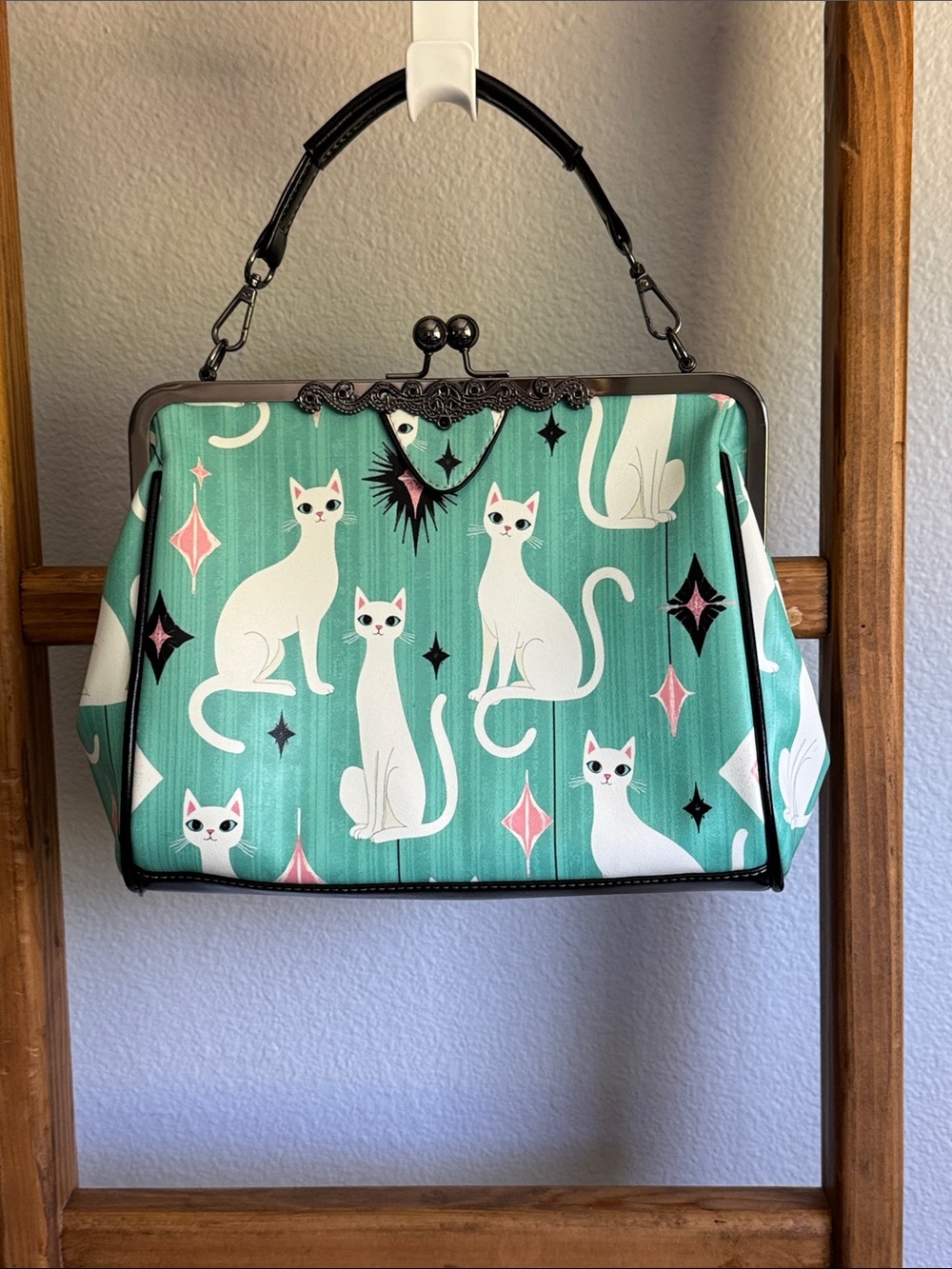 🐈White Cat Print Teal Crossbody Bag - Vintage Frame🌟 - Picture 3 of 8